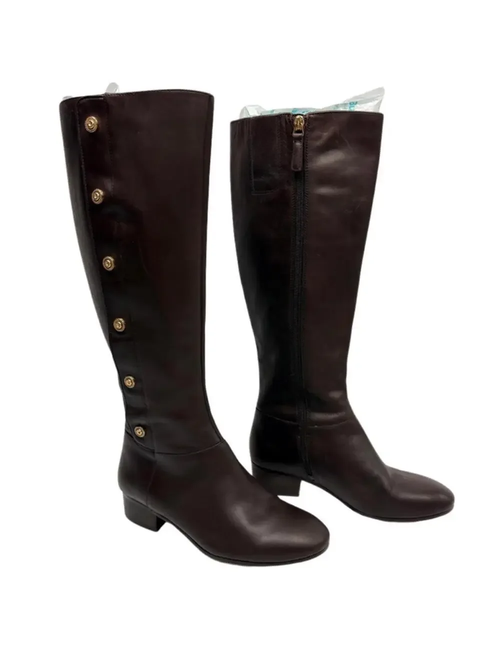 Nine West Oreyan Genuine Leather Knee High Brown Boots Gold Button Details 6.5